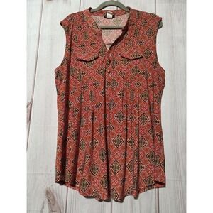 Cocomo Blouse Womens XL Orange Geometric Sleeveless V Neck Tunic Top Stretch